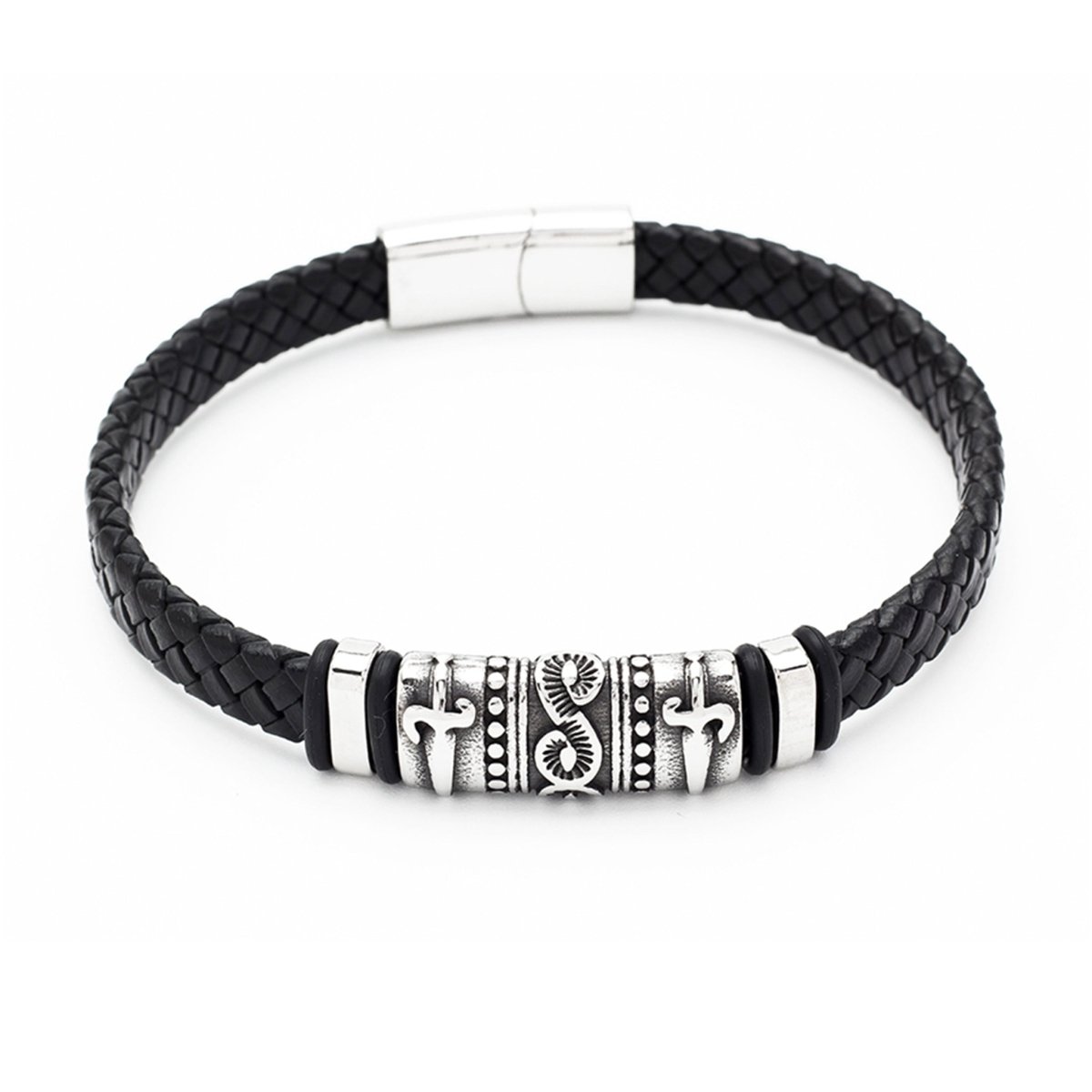Herren Armschmuck Stahl Leder geflochten 21 cm Stahlelemente z.T.geschwärzt Spez.Bajonette - V - Shanti Enterprise AG