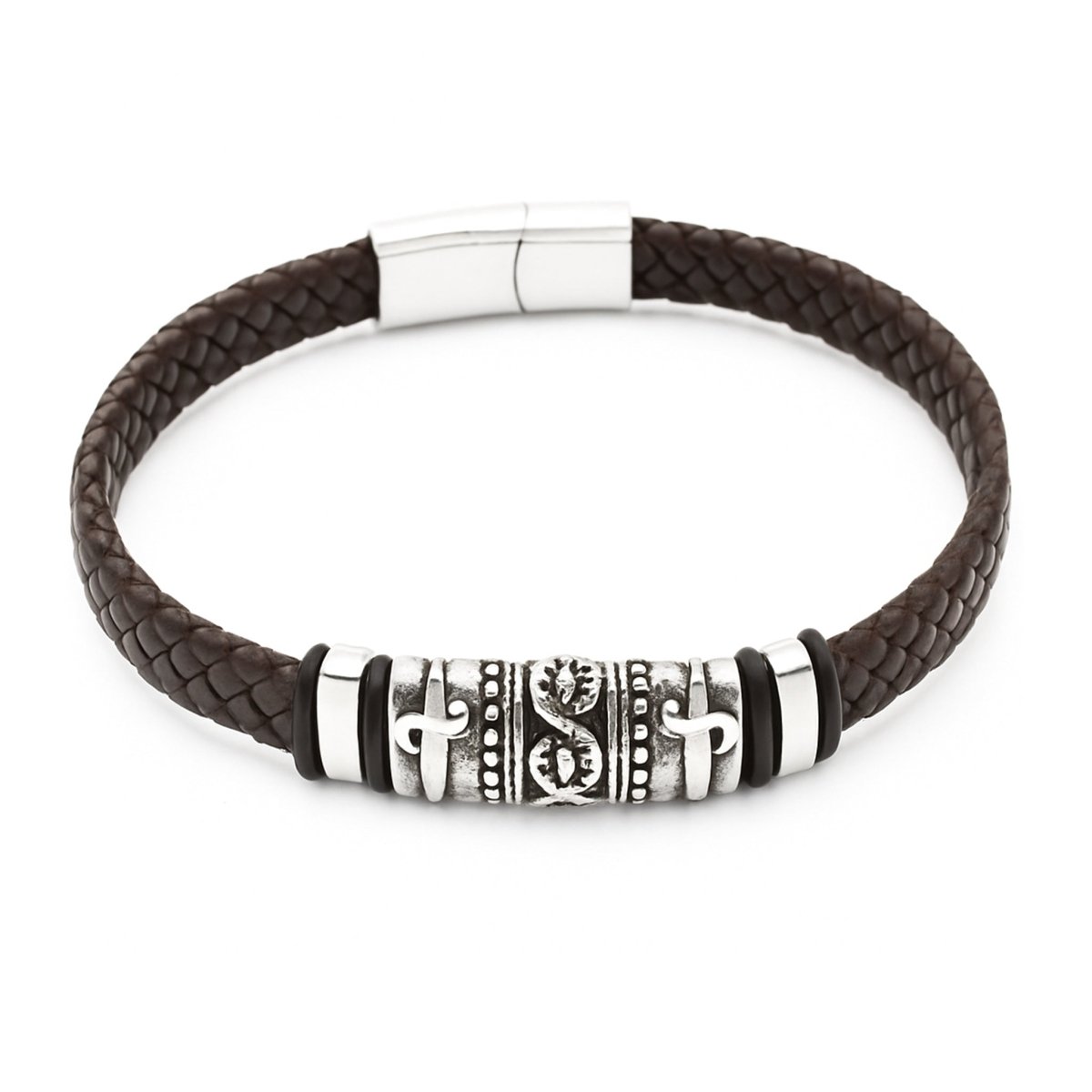 Herren Armschmuck Stahl Leder geflochten 21 cm Stahlelemente z.T.geschwärzt Spez.Bajonette - V - Shanti Enterprise AG