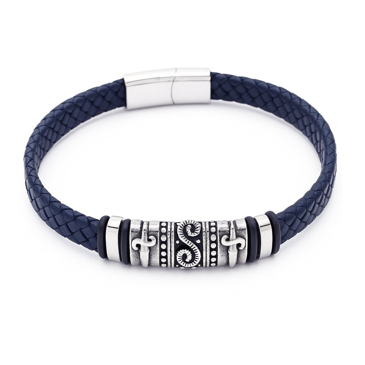 Herren Armschmuck Stahl Leder geflochten 21 cm Stahlelemente z.T.geschwärzt Spez.Bajonette - V - Shanti Enterprise AG