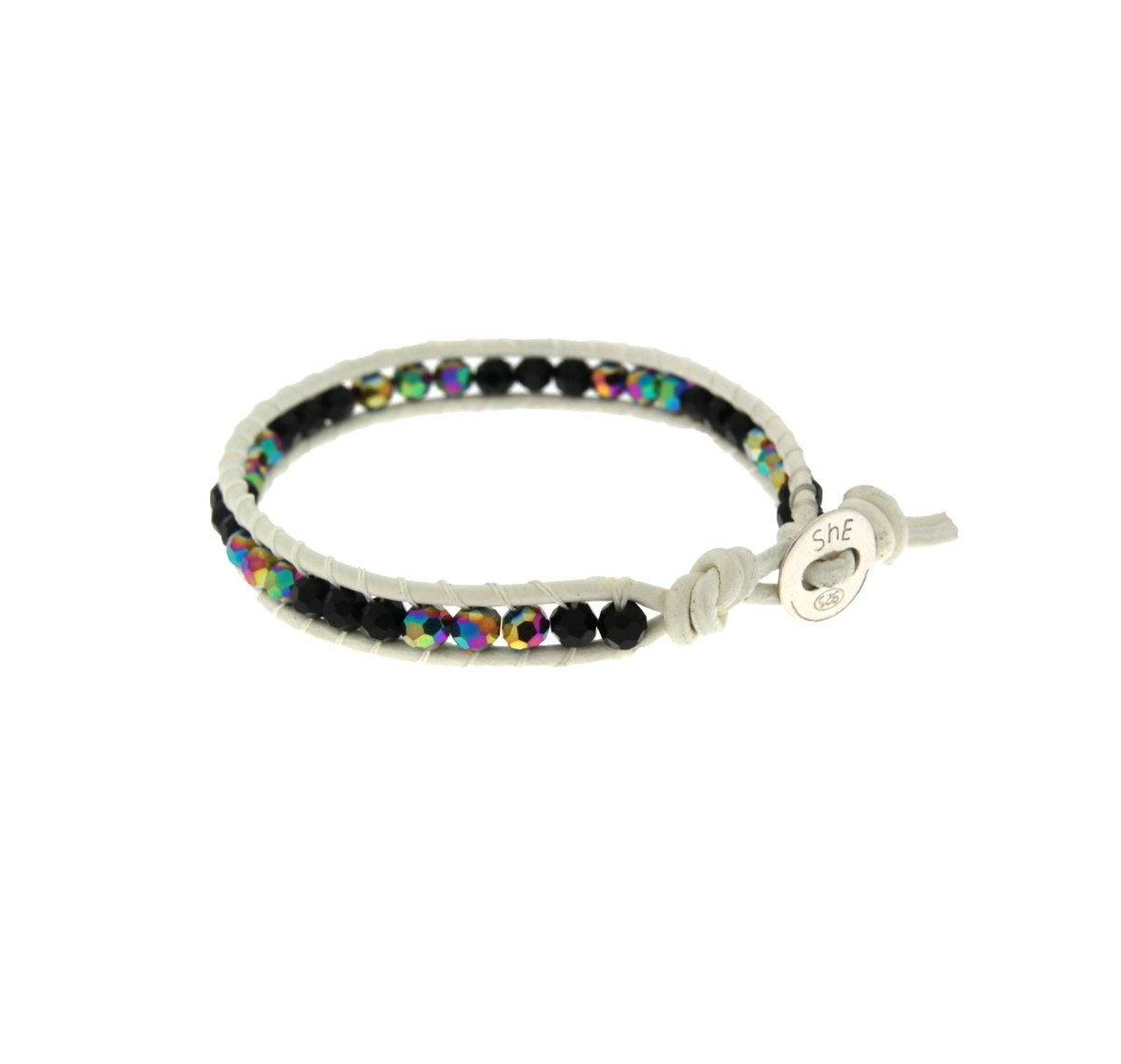 Leder Arm/Fussband weiss mit Swarovski dunkel 17 cm bis 24 cm verstellbar - Shanti Enterprise AG