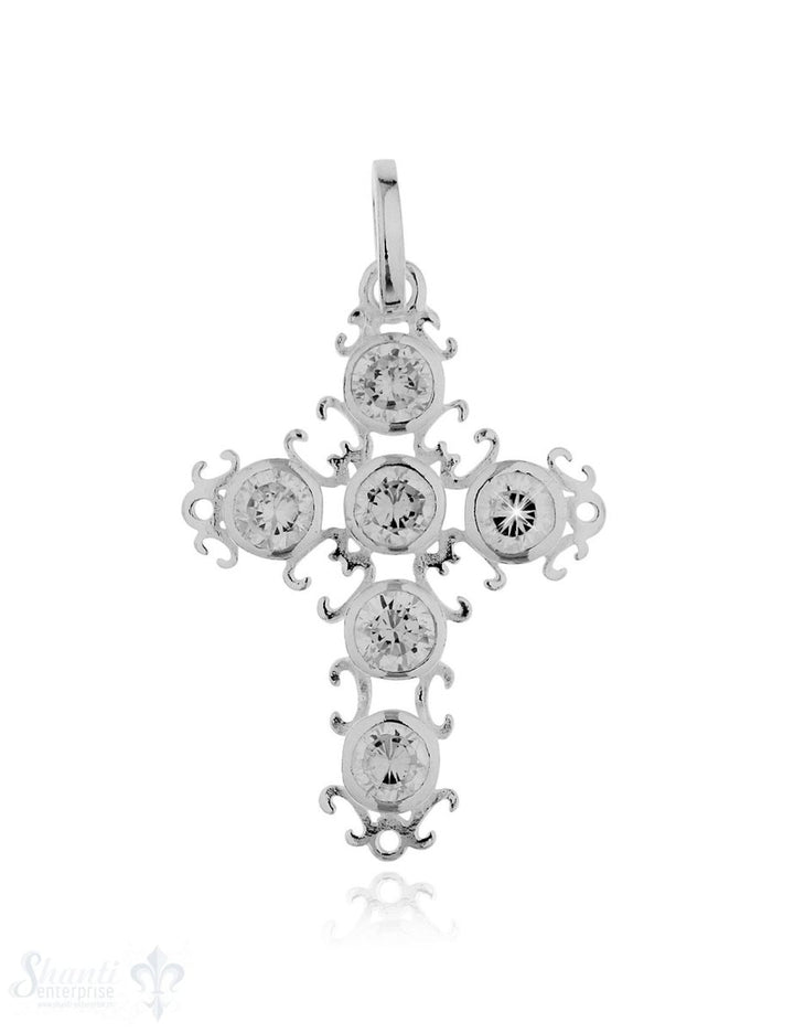 Anhänger Silber Kreuz mit 6 Zirkonia weiss 30x21 mm - Shanti Enterprise AG