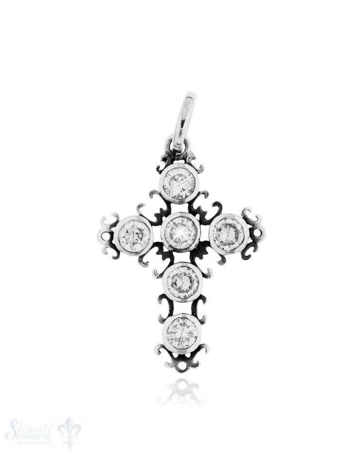 Anhänger Silber Kreuz mit 6 Zirkonia weiss 30x21 mm - Shanti Enterprise AG