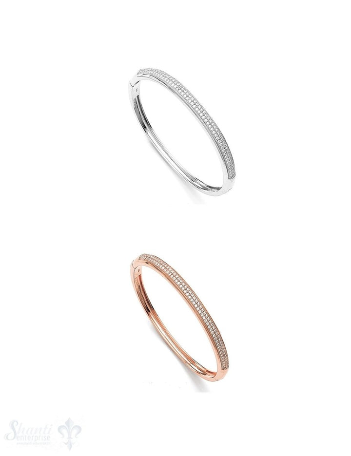Armreif Silber rhodiniert oval 60 mm Zirkonia weiss eingesetzt an der Oberseite Klickverschluss - Shanti Enterprise AG