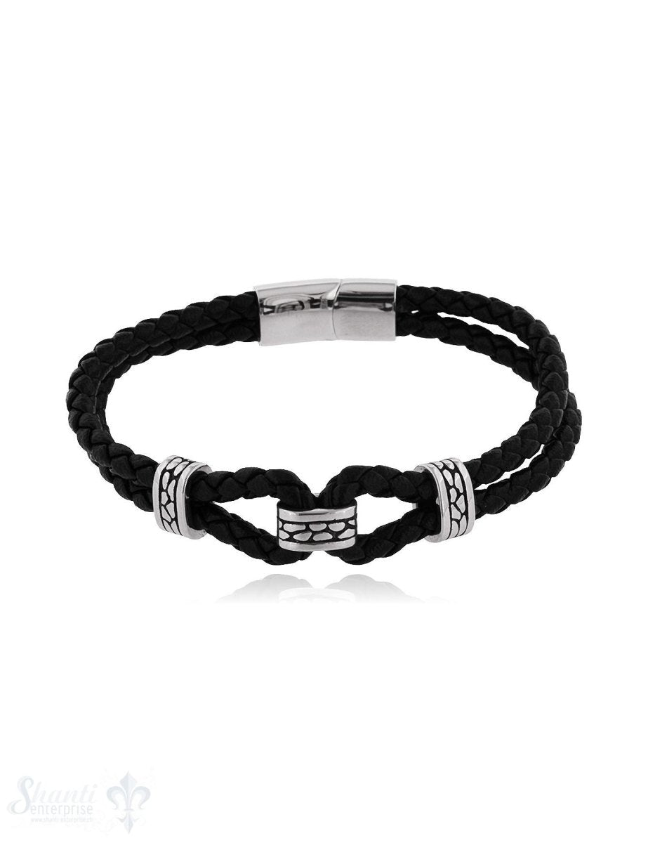 Herren Armschmuck Stahl Leder doppelreihig 21cm Stahlelemente Spez. Magnetschloss flach - Shanti Enterprise AG