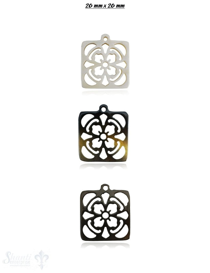 Horn Anhänger Mandala Quadrat 26 mm x 26 mm Blume durchbrochen mit Loch Farbabweichungen sind möglich - Shanti Enterprise AG