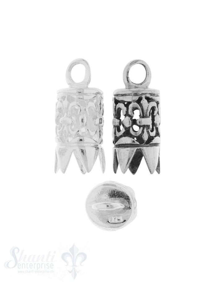Lederkappe Silber rund 8x14 mm verziert D 6 mm fixe Oese ID 2.9 mm 1Pack = 2 Stk. - Shanti Enterprise AG