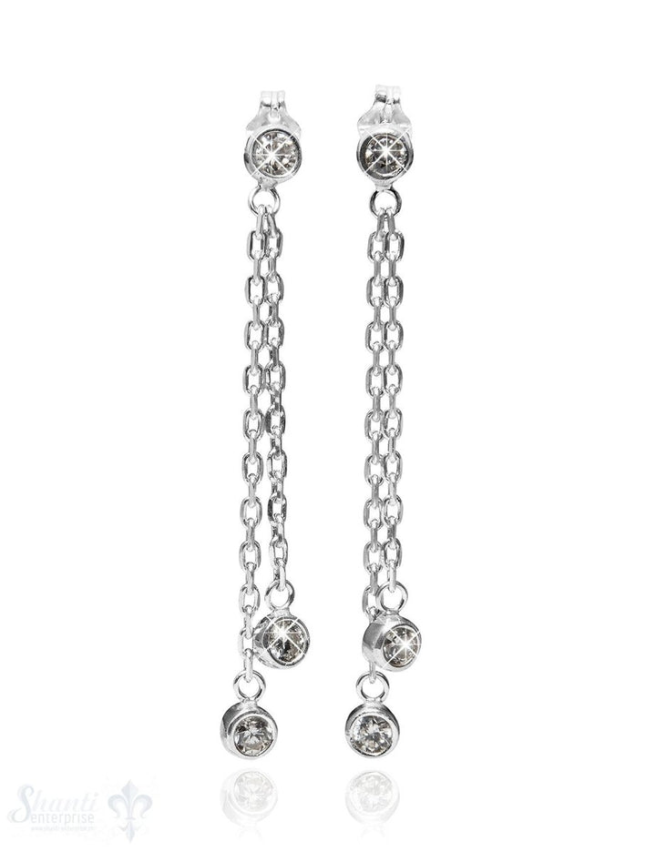 Ohrstecker Silber hell 44x3 mm Kette zweifach mit Zirkonia weiss rund facettiert - Shanti Enterprise AG