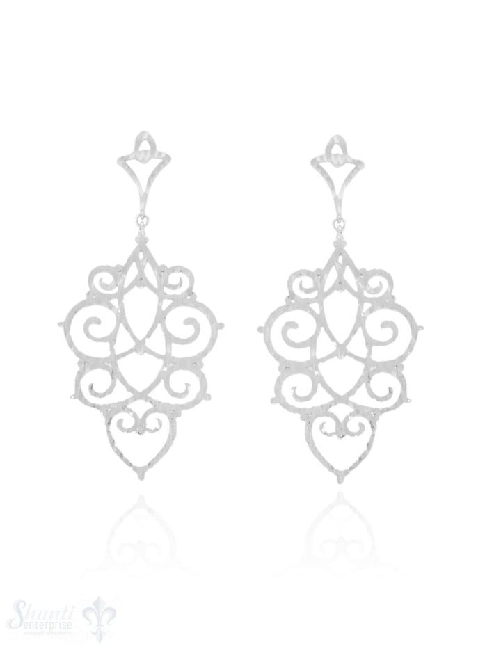 Ohrstecker Silber hell Mandala Front facettiert fein 48x21 mm Tropfen durchbrochen - Shanti Enterprise AG