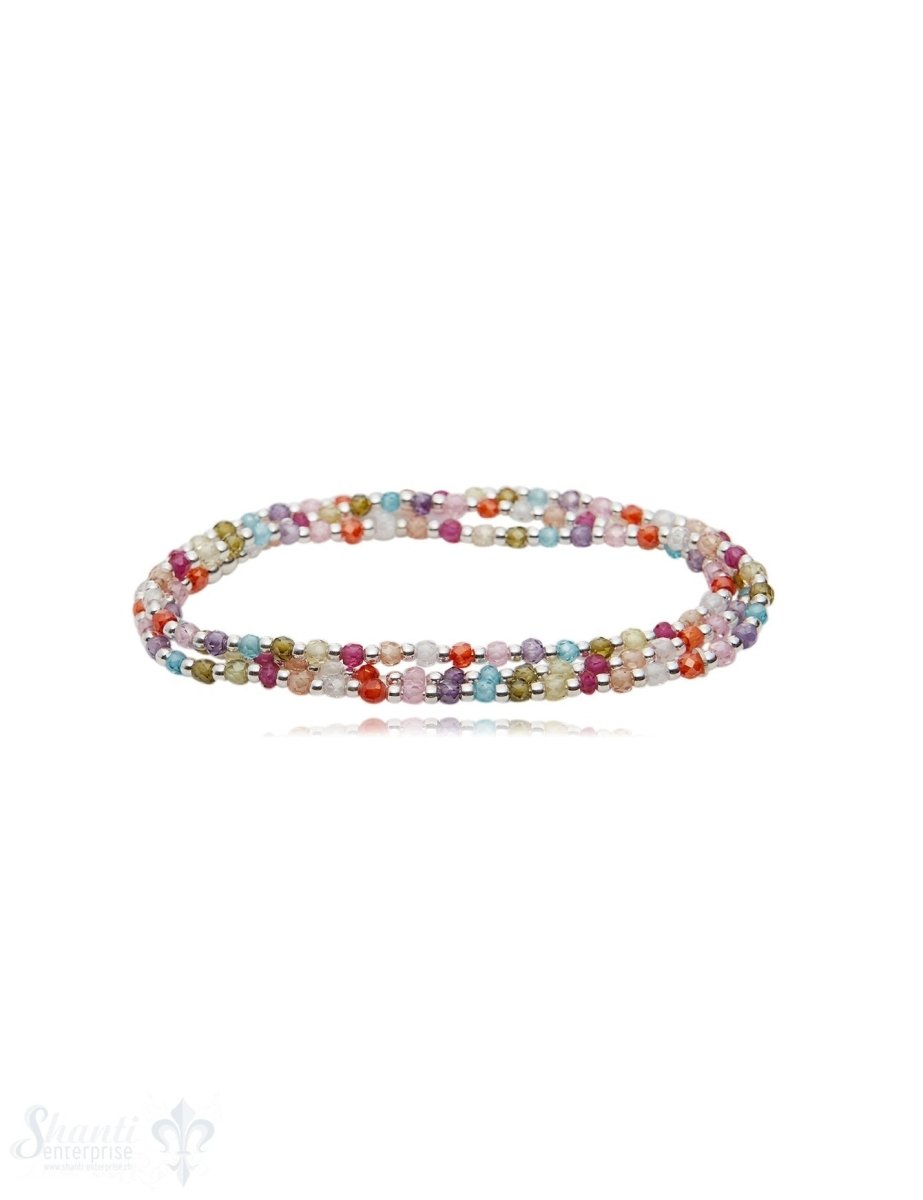 Zirkon multicolor Armband mit Silber auf Elast 3 mm breit Zikron gefärbt - Shanti Enterprise AG