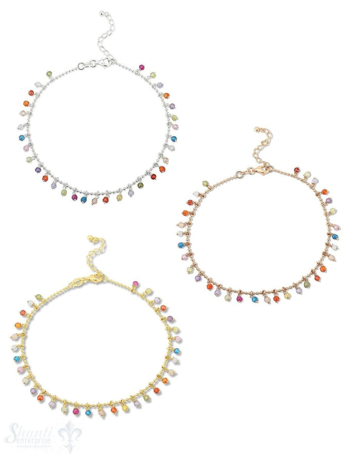 Zirkon multicolor Fusskette Kugel 22-26 cm mit Anhängerli Silber Karabiner ec Grössen verstellbar (Steine gefärbt) - Shanti Enterprise AG
