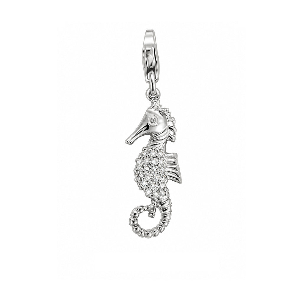 Seespferd Anhänger Silber hell 24x9 mm flach mit Zrikonia weiss einseitig mit Karabiner