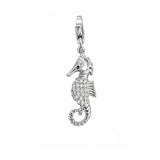 Seespferd Anhänger Silber hell 24x9 mm flach mit Zrikonia weiss einseitig mit Karabiner