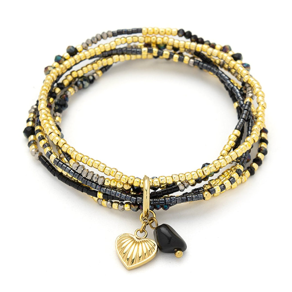 6 - reihiges Armband Edelstahl 18K vergoldet mit Zirkonia und Edelsteinen elastisch 19 cm - Shanti Enterprise AG