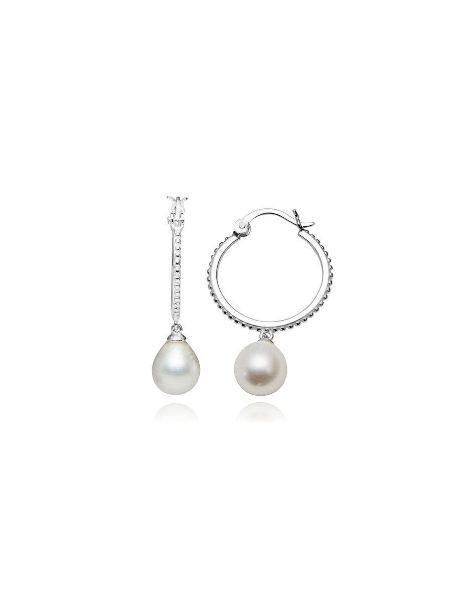 Creolen Silber 20 mm gepunktet mit Perlen- Tropfen weiss 10 x 8 mm mit Klick-Verschluss - Shanti Enterprise AG