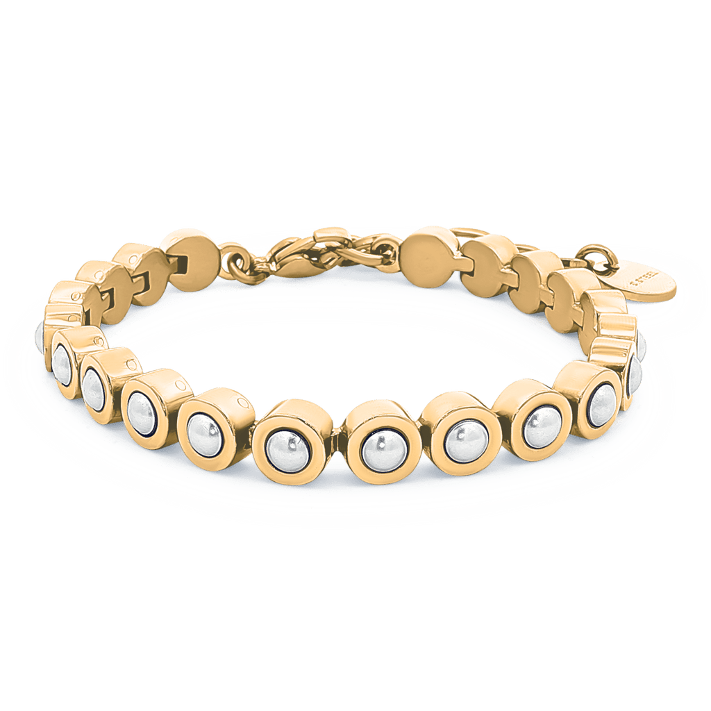 Edelstahl Armkette Kunst - Perlen weiss eingefasst in Edelstahl halbrund 17 - 21.5 cm gelb vergoldet - Shanti Enterprise AG