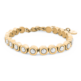 Edelstahl Armkette Kunst-Perlen weiss eingefasst in Edelstahl halbrund  17-21.5 cm gelb vergoldet