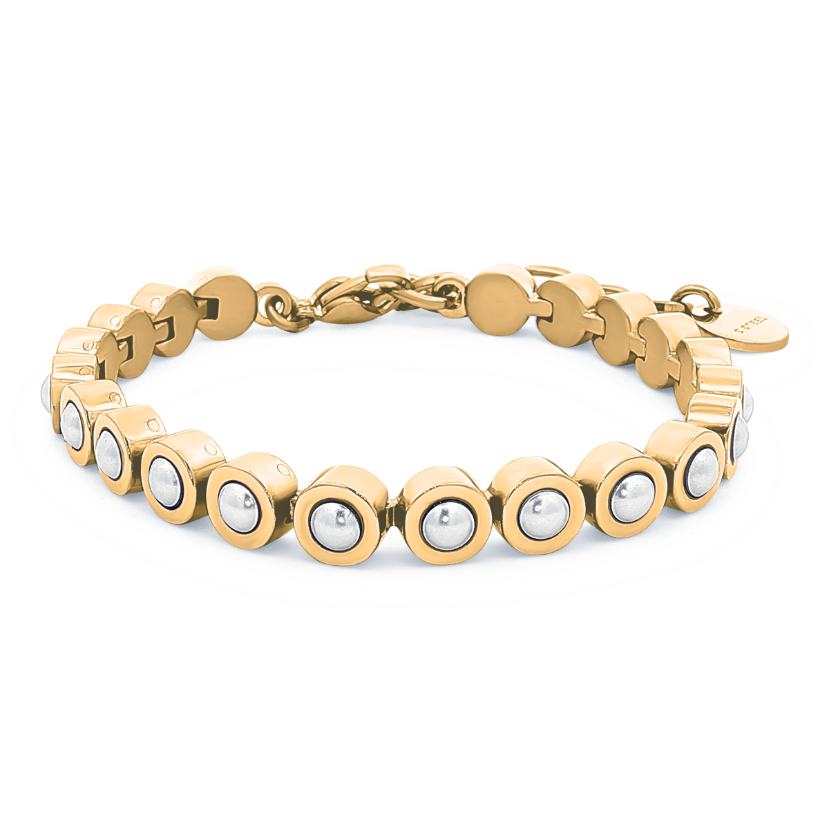 Edelstahl Armkette Kunst - Perlen weiss eingefasst in Edelstahl halbrund 17 - 21.5 cm gelb vergoldet - Shanti Enterprise AG
