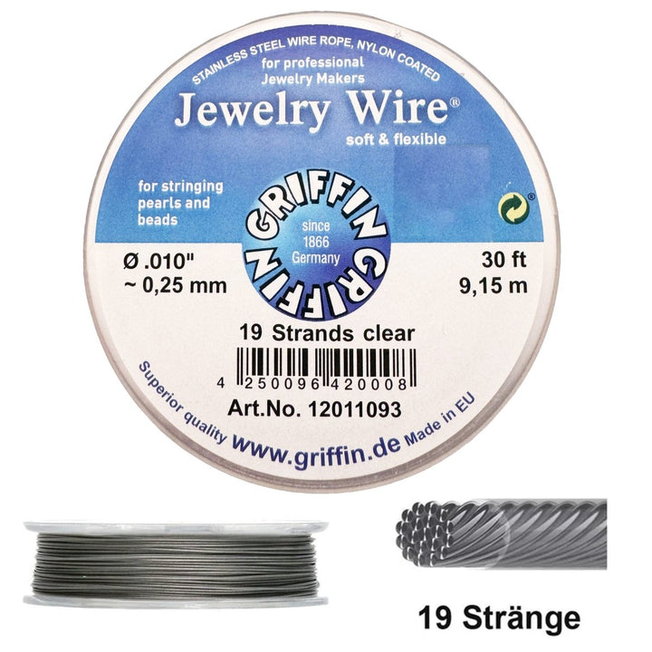 Griffin Jewelry Wire 19 Strand Clear 9.15m 30ft (19 Einzeldrähte verdrillt) Schmuckdraht 19 Strands flexibel und robust - Shanti Enterprise AG