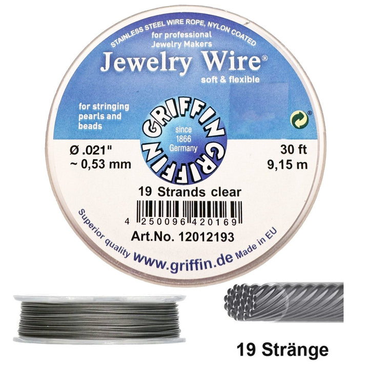 Griffin Jewelry Wire 19 Strand Clear 9.15m 30ft (19 Einzeldrähte verdrillt) Schmuckdraht 19 Strands flexibel und robust - Shanti Enterprise AG