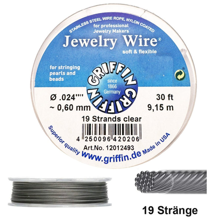 Griffin Jewelry Wire 19 Strand Clear 9.15m 30ft (19 Einzeldrähte verdrillt) Schmuckdraht 19 Strands flexibel und robust - Shanti Enterprise AG