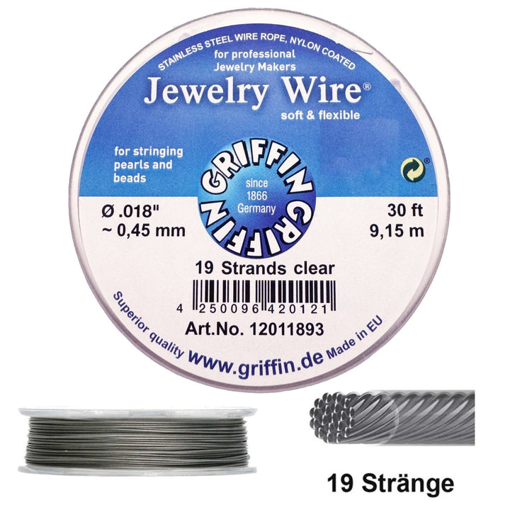 Griffin Jewelry Wire 19 Strand Clear 9.15m 30ft (19 Einzeldrähte verdrillt) Schmuckdraht 19 Strands flexibel und robust - Shanti Enterprise AG
