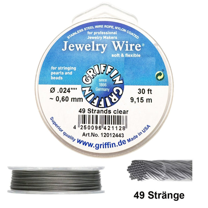 Griffin Jewelry Wire 49 Strand Clear 9.15m 30ft (49 Einzeldrähte verdrillt) Schmuckdraht 49 Strands besonders weich und hochwertig - Shanti Enterprise AG