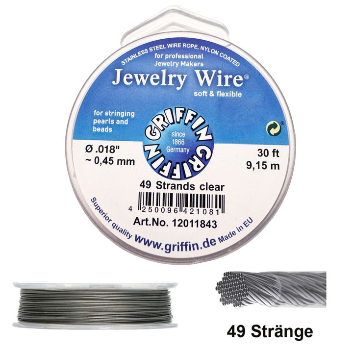 Griffin Jewelry Wire 49 Strand Clear 9.15m 30ft (49 Einzeldrähte verdrillt) Schmuckdraht 49 Strands besonders weich und hochwertig - Shanti Enterprise AG