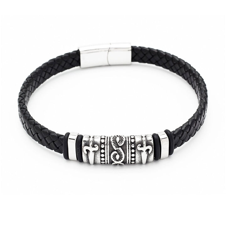 Herren Armschmuck Stahl Leder geflochten 21 cm Stahlelemente z.T.geschwärzt Spez.Bajonette - V - Shanti Enterprise AG