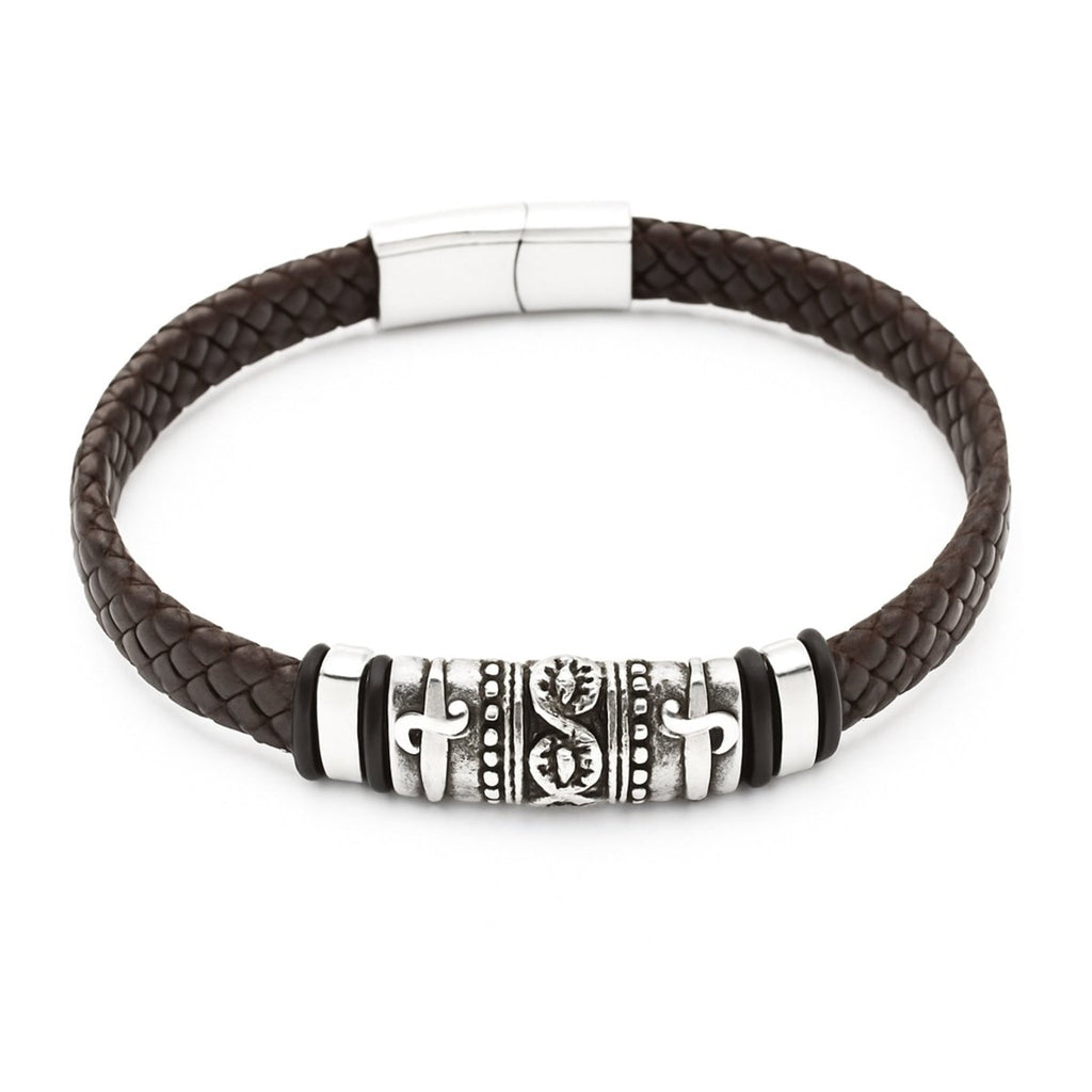 Herren Armschmuck Stahl Leder geflochten 21 cm Stahlelemente z.T.geschwärzt Spez.Bajonette - V - Shanti Enterprise AG