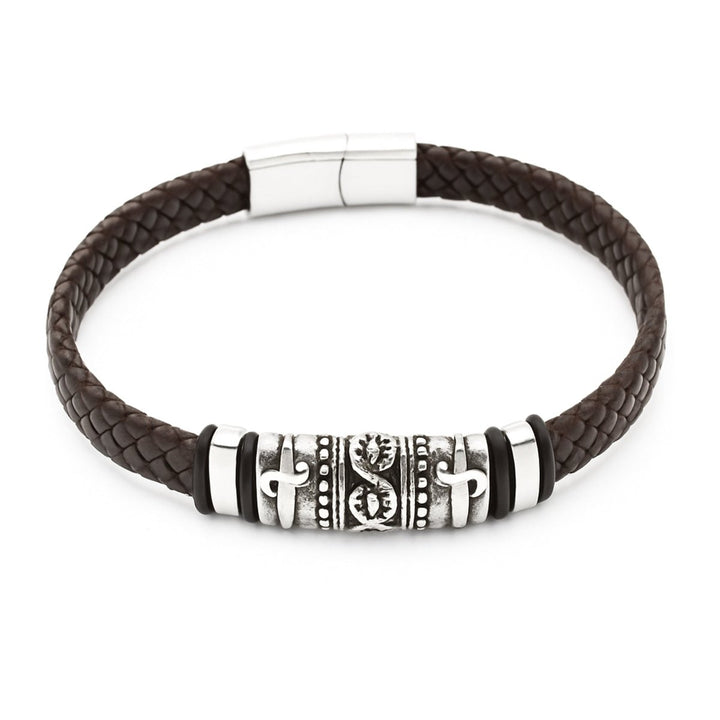 Herren Armschmuck Stahl Leder geflochten 21 cm Stahlelemente z.T.geschwärzt Spez.Bajonette - V - Shanti Enterprise AG