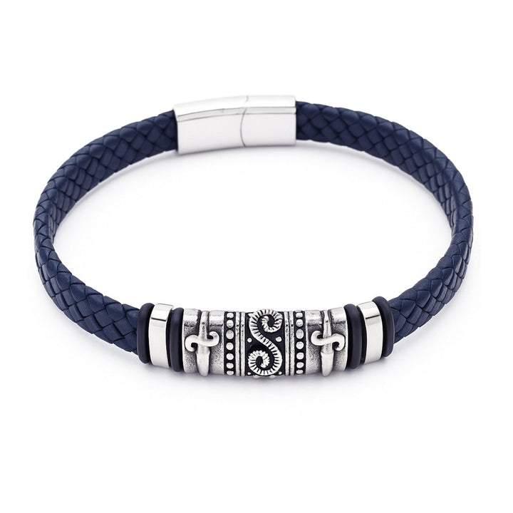 Herren Armschmuck Stahl Leder geflochten 21 cm Stahlelemente z.T.geschwärzt Spez.Bajonette - V - Shanti Enterprise AG