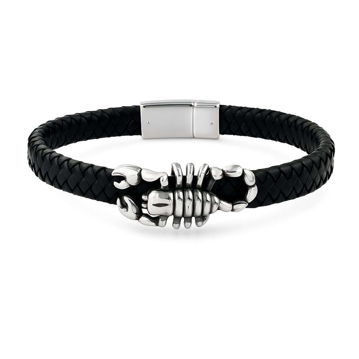 Leder Edelstahl Armband schwarz 10 mm breit Skorpion Zwischenteil mit Klick Verschluss Edelstahl - Shanti Enterprise AG