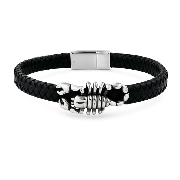 Leder Edelstahl Armband schwarz 10 mm breit Skorpion Zwischenteil mit Klick Verschluss Edelstahl - Shanti Enterprise AG