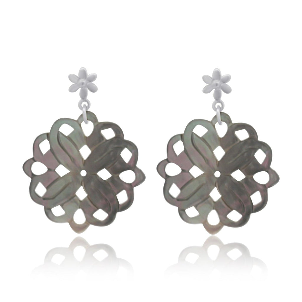 Perlmutt Blume 30 mm Ohrstecker braun schimmernd durchbrochen mit Blumen Brisur Silber 925 - Shanti Enterprise AG