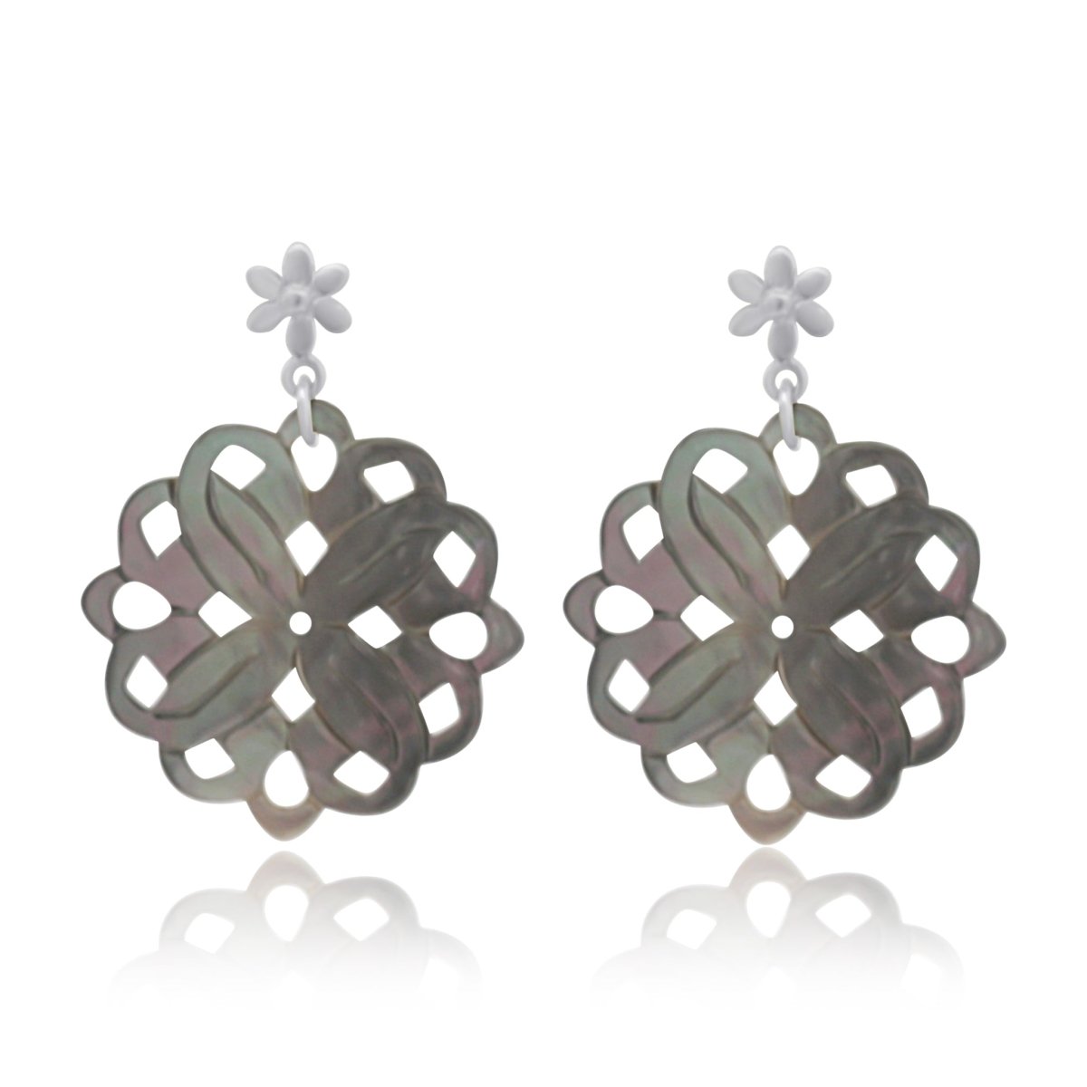 Perlmutt Blume 30 mm Ohrstecker braun schimmernd durchbrochen mit Blumen Brisur Silber 925 - Shanti Enterprise AG