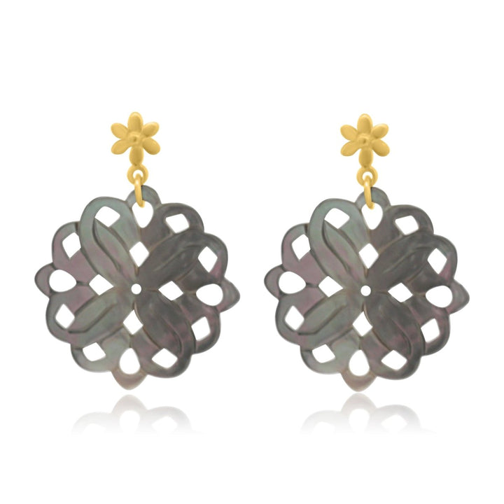 Perlmutt Blume 30 mm Ohrstecker braun schimmernd durchbrochen mit Blumen Brisur Silber 925 - Shanti Enterprise AG