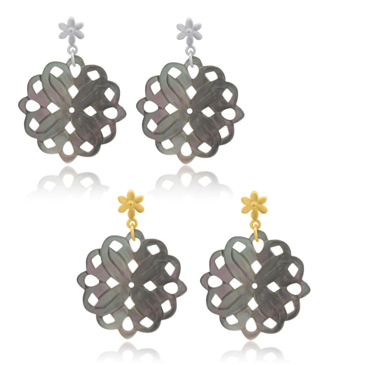 Perlmutt Blume 30 mm Ohrstecker braun schimmernd durchbrochen mit Blumen Brisur Silber 925 - Shanti Enterprise AG