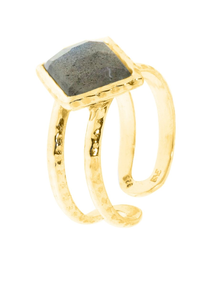 Ring mit Stein - Rhombus 14x12 mm facettiert Fassung gehämmert 2 Schienen offen verstellbar - Shanti Enterprise AG