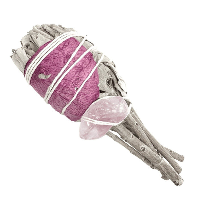 TERRA Fackel aus weissem Salbei mit Rosenquarz 25 bis 30 g 11 cm - Shanti Enterprise AG