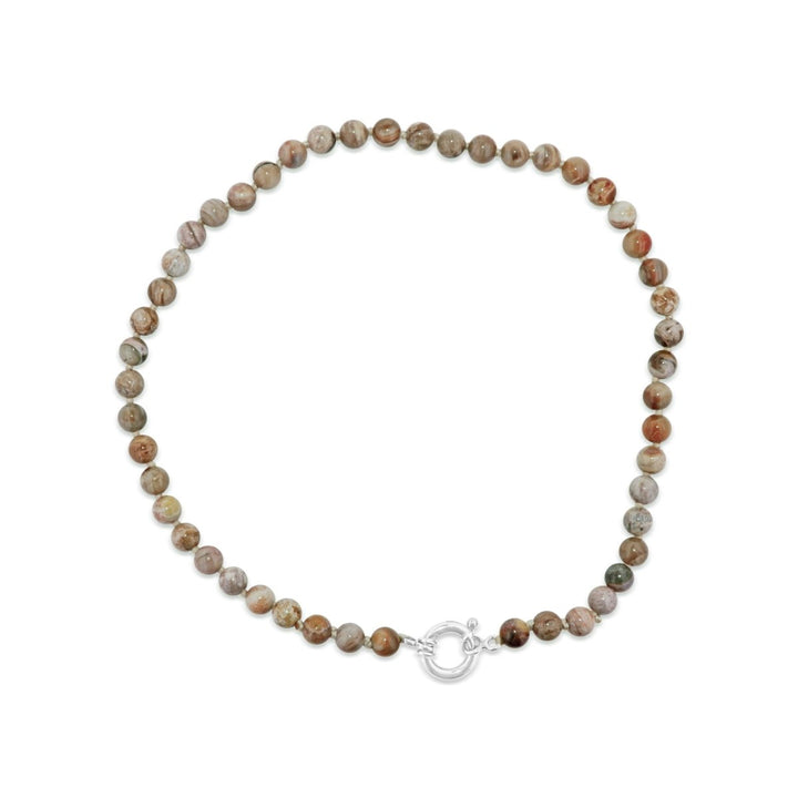versteinerte Holz Kette sand Kugeln poliert 8 mm 43 cm lang geknüpft mit Federring Schloss 15 mm (Kopie) (Kopie) - Shanti Enterprise AG