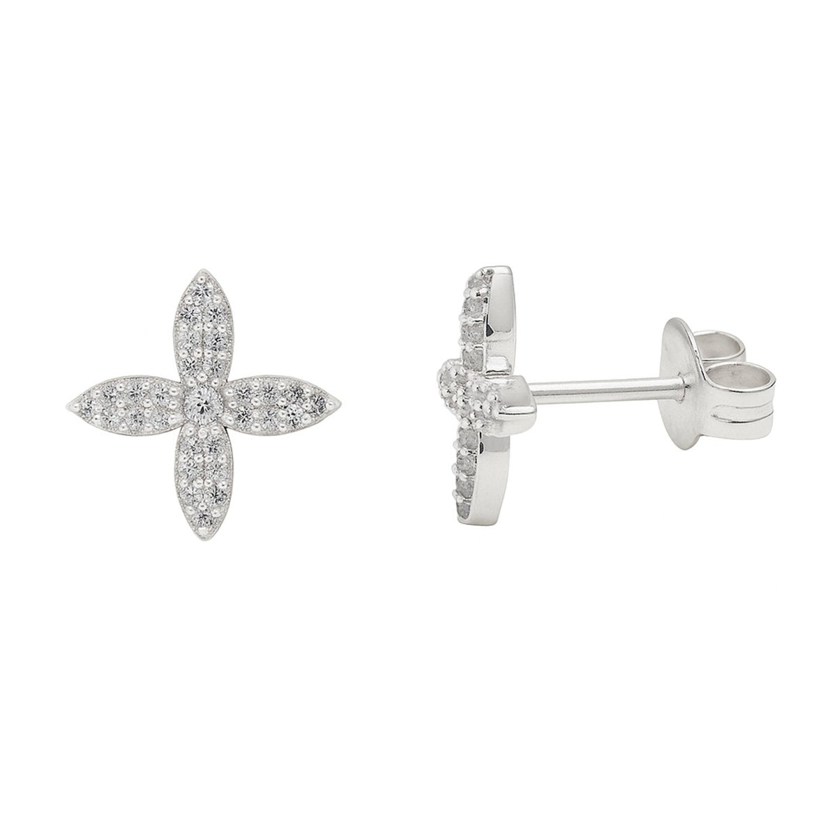 Zirkonia weiss pavé Blüte 9x7mm Ohrstecker 4 - blättrig poliert - Shanti Enterprise AG