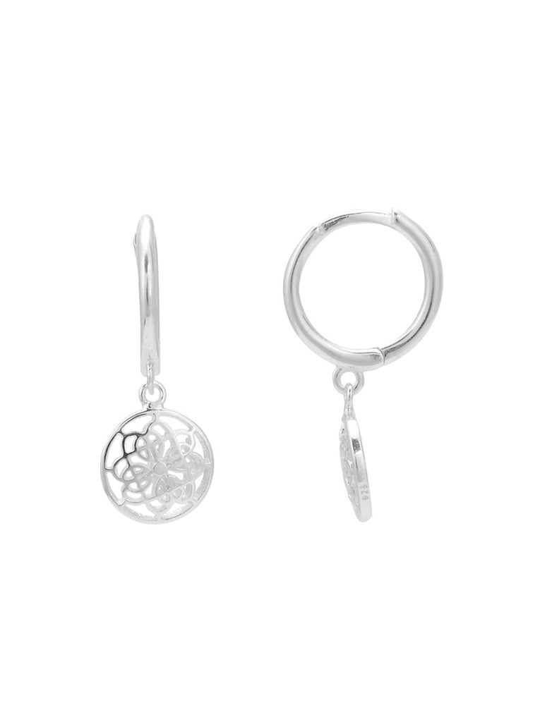 Amulett rund 8 mm an Creolen 11 mm poliert Blumen durchbrochen verziert mit Steck-Verschuss