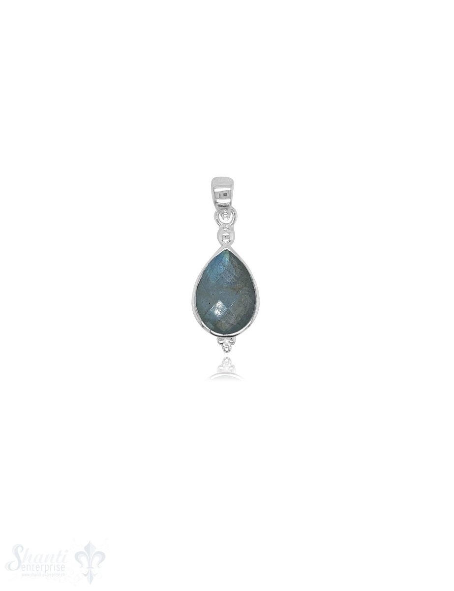 Anhänger 22x11 mm Tropfen facettiertem Stein Silber poliert 3 kleine Punkte unten mit Öse - Shanti Enterprise AG