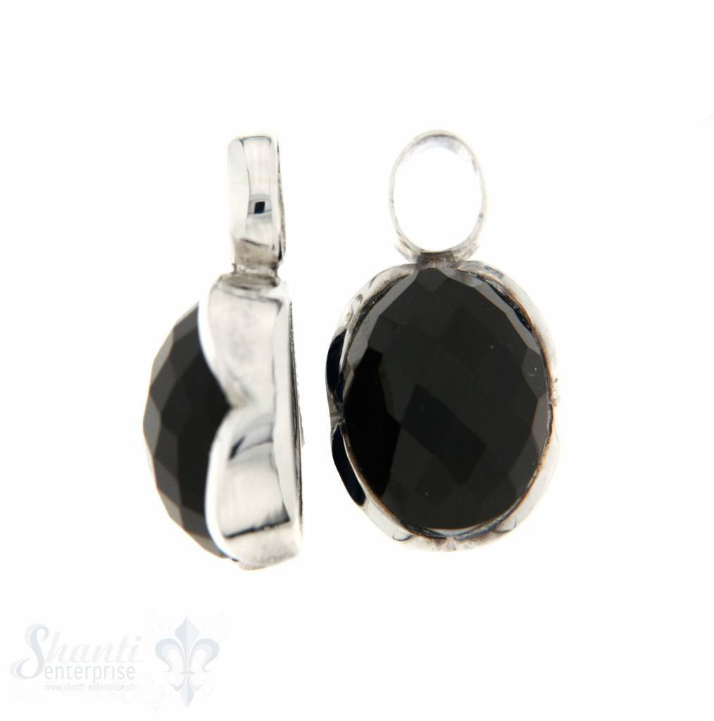 Anhänger für Creolen Spinell schwarz oval facett. Silberfassung Blumenblatt 13x16 mm