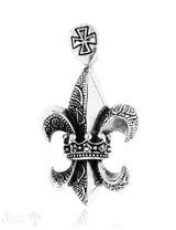 Anhänger Silber geschwärzt Lilie mit Krone in Mitt e 41x26 mm verziert mit Kreuz auf Oese