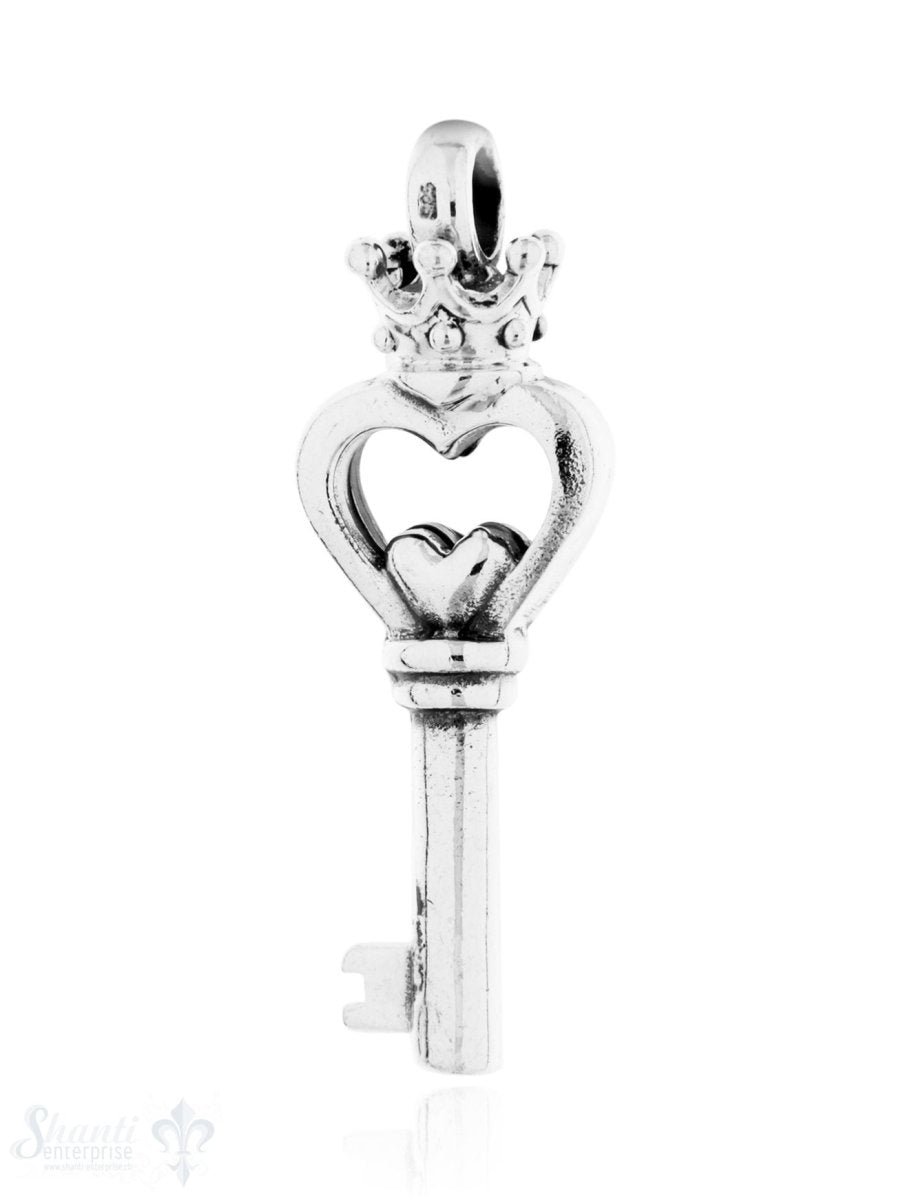 Anhänger Silber hell Schlüssel 45x16 mm mit Herz u nd Krone - Shanti Enterprise AG