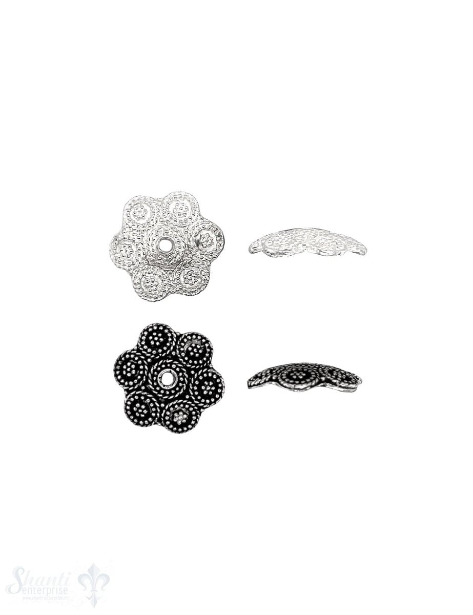Blumen Perlkappe 14x3,3 mm ziseliert mit Kreisen fein gepunktet Silber 925 ID 4,0 mm 1 Pack = 4 Stk. - Shanti Enterprise AG