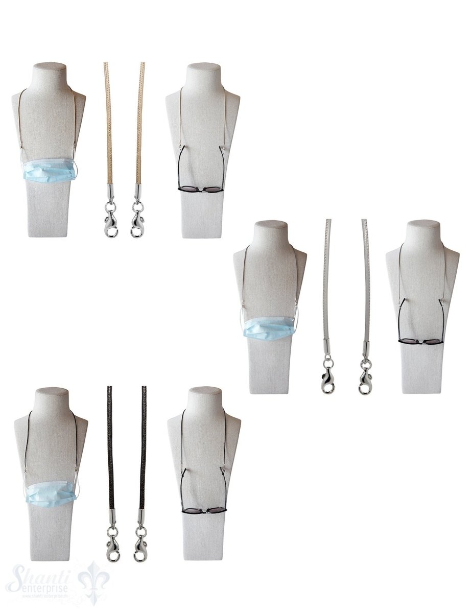 Brillen- oder Maskenkette 70 cm Leder 3 mm mit 2 Karabiner Silber und Gummischlaufen - Shanti Enterprise AG