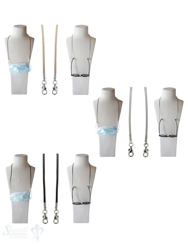 Brillen- oder Maskenkette 70 cm Leder 3 mm mit 2 Karabiner Silber und Gummischlaufen - Shanti Enterprise AG