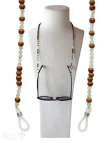 Brillenkette 70 cm Rosenholz mit Prehnit mit Gummischlaufen für Brille
